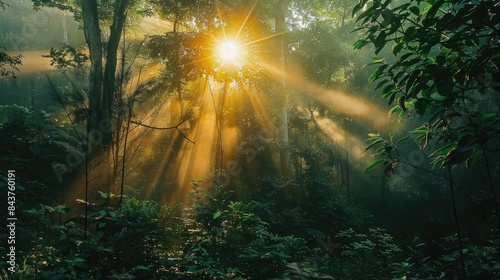 Spectacular sun rays shining through woods and tree in the dense forest. Green and lust forest on a beautiful summer day