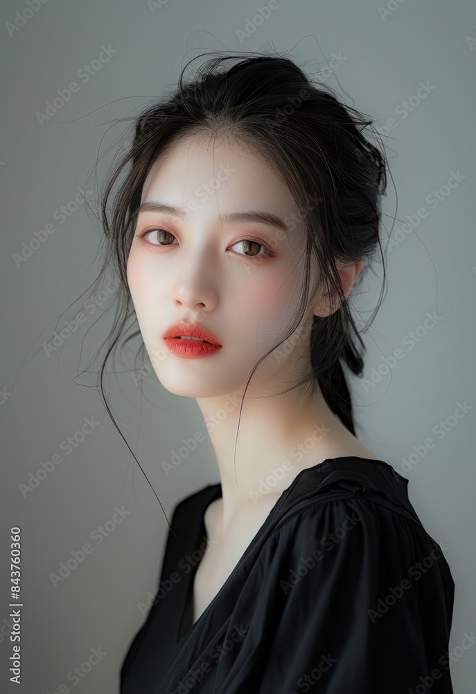 a Stylish and elegant Chinese female model, minimalist style, exquisite facial features, elegant knowledge, cool background a Stylish and elegant Chinese female model, minimalist style, exquisite facial features, elegant knowledge, cool background