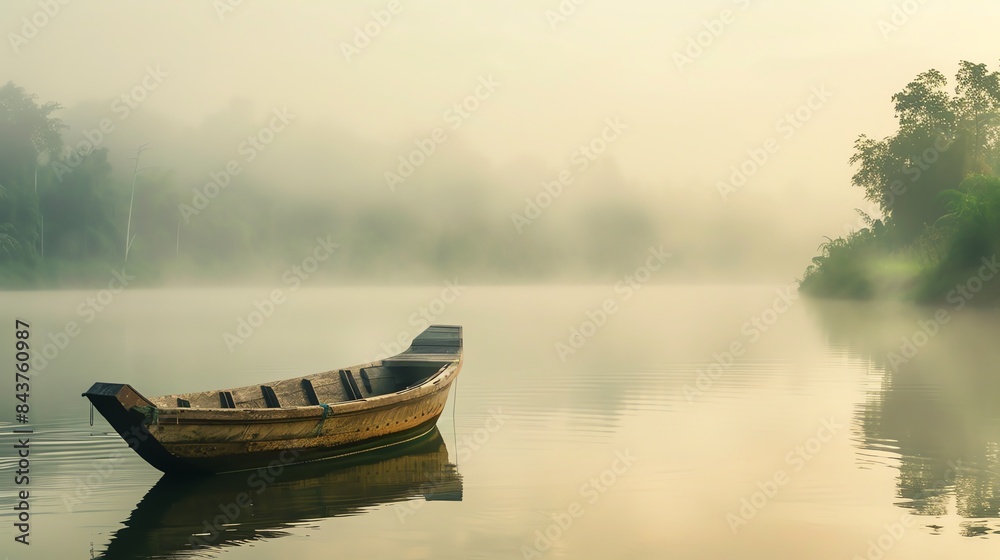 Obraz premium A wooden boat sits alone on a still lake, surrounded by fog and trees. The morning light is just beginning to break through the mist.