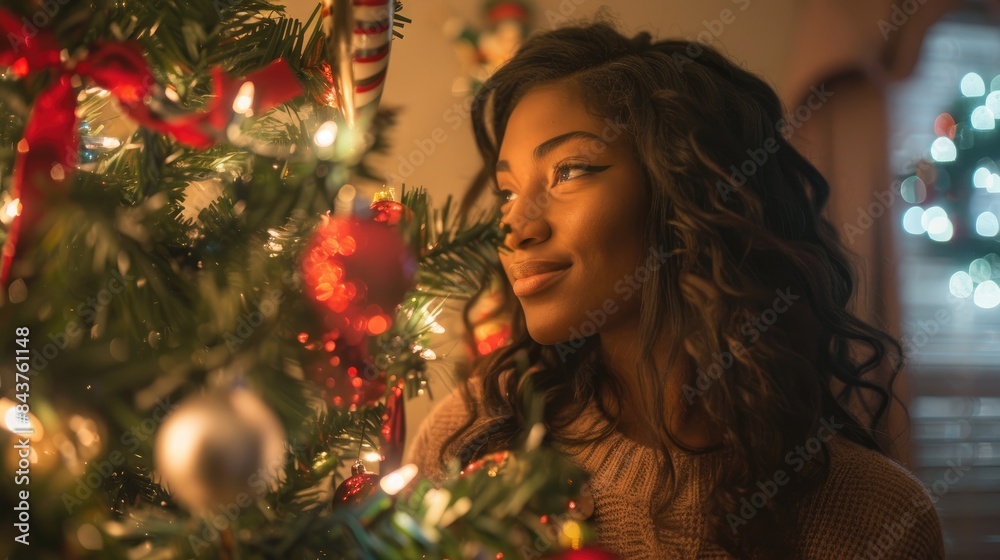 Female standing beside the decorated Christmas tree Female standing beside the decorated Christmas tree