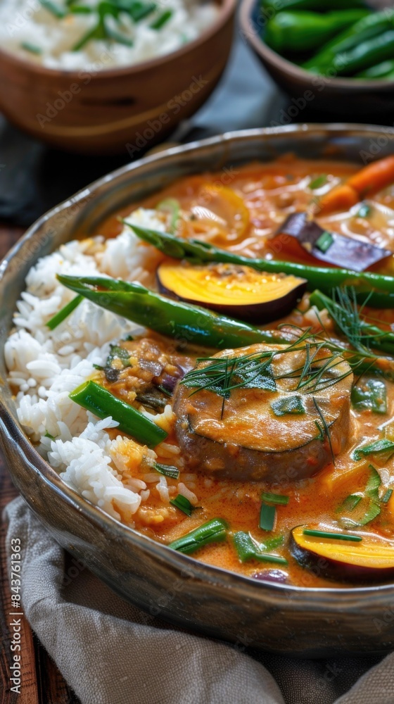 Bowl of food with rice and vegetables on a table, filipino recipes, food background Bowl of food with rice and vegetables on a table, filipino recipes, food background