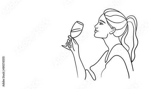 Girl holding glasses with alcohol in her hand line art drawing, isolated on white background. Woman drink and ejoing wine. Vector illustration	