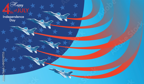 Eagle fighter jet plane taking off during exercise. USA flag 4 July Independence day postcard