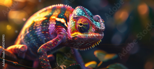 A colorful chameleon with its head tilted to one side, looking at the camera.
