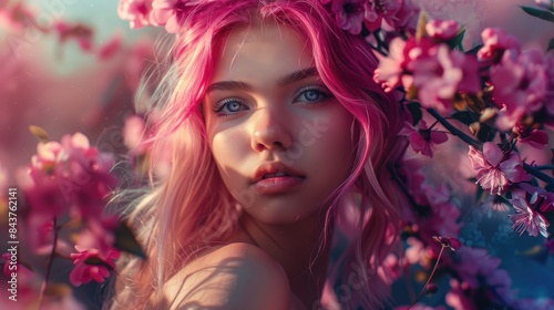 Beautiful girl with pink hair standing by flowers portrait © AkuAku