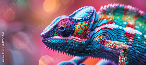 A colorful chameleon with its head tilted to one side, looking at the camera. © Kien