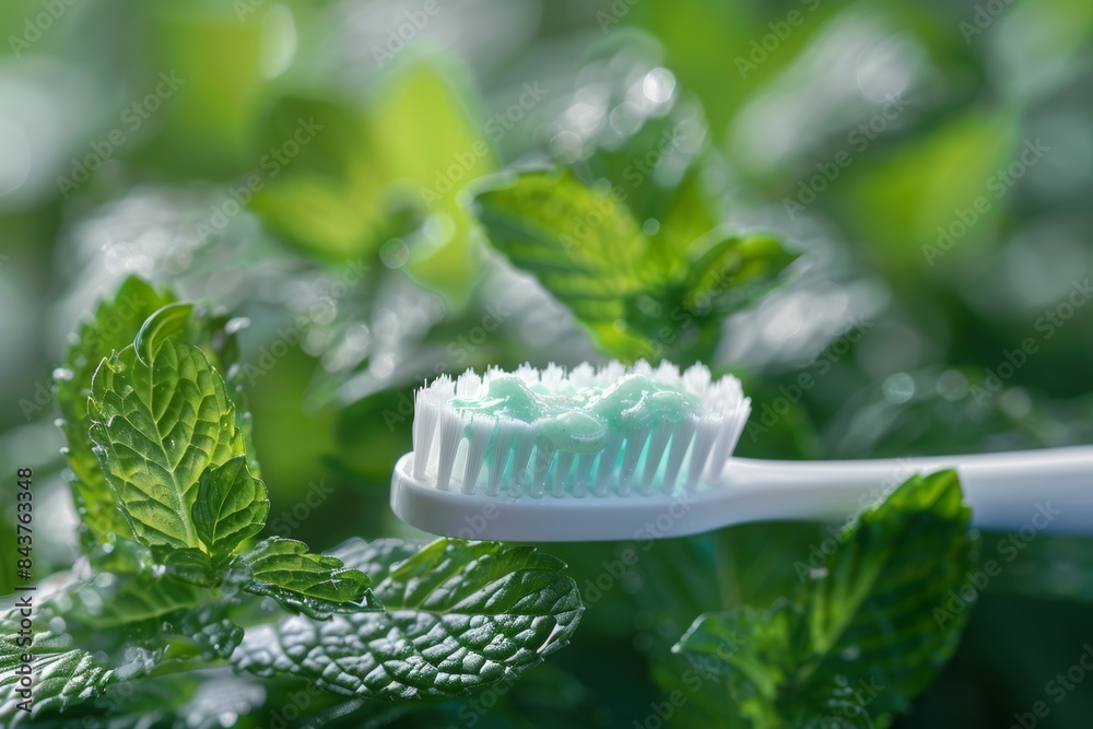 Refreshing Mint-Themed Oral Care: Toothbrush with Toothpaste Among Fresh Mint Leaves Background