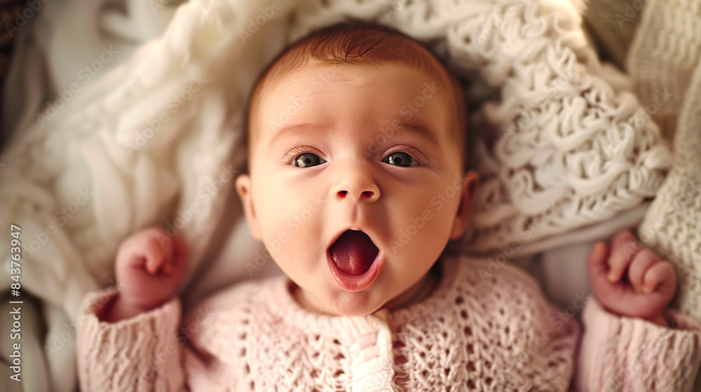 Adorable baby yawning while lying down on a cozy blanket. Cute baby in knitted clothing. Perfect for family albums and parenthood-related content. AI