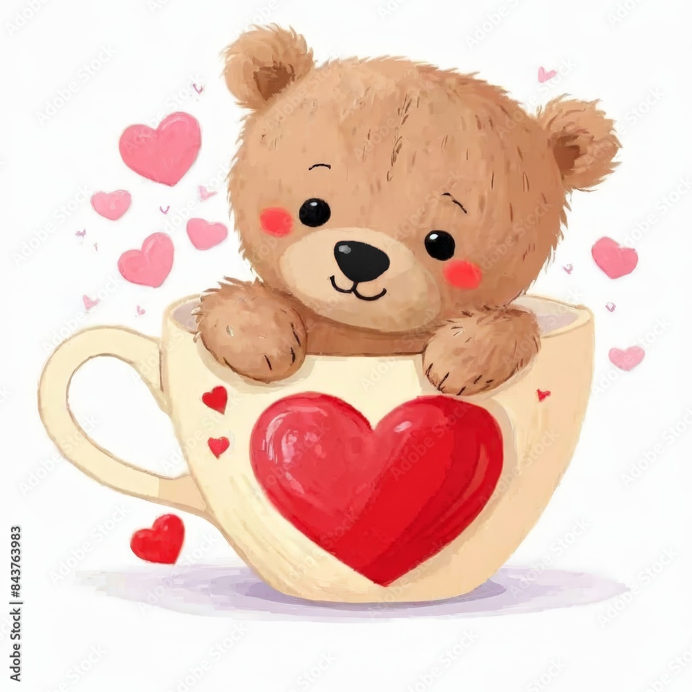 A teddy bear sits inside a white coffee cup, which features a red heart design, surrounded by small pink hearts floating around