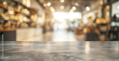 Empty marble table top with blurred coffee shop background. Ideal for product placement, this image features a clean marble countertop set against a warm and inviting coffee shop backdrop. © Lull
