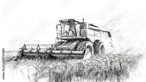 Line drawing art of a combine harvester machine. photo