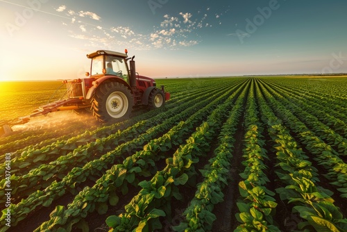 Farmer Driving Tractor Through Genetically Modified Crop Field at Sunset for Agricultural Poster
