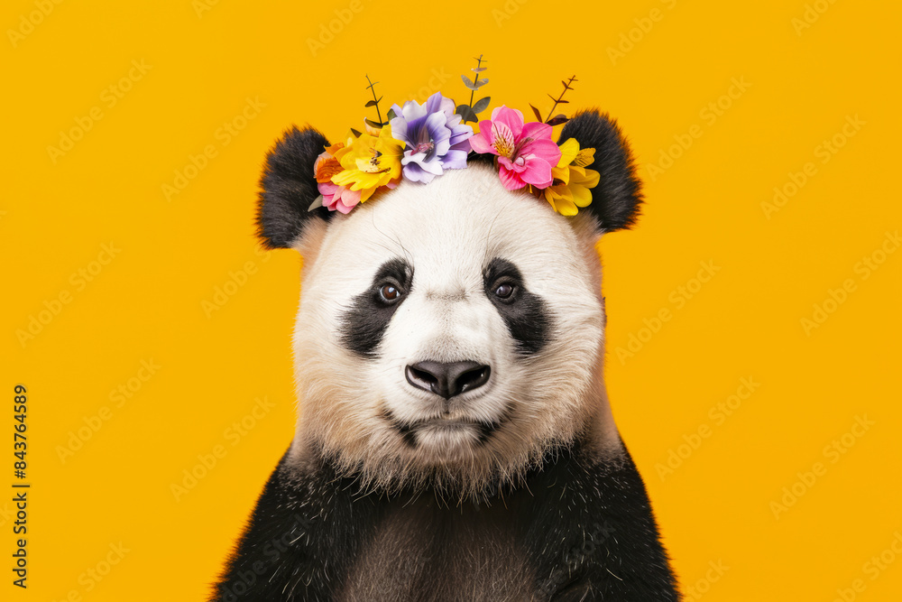 A charming panda wearing a beautiful floral crown on a vibrant yellow background A charming panda wearing a beautiful floral crown on a vibrant yellow background