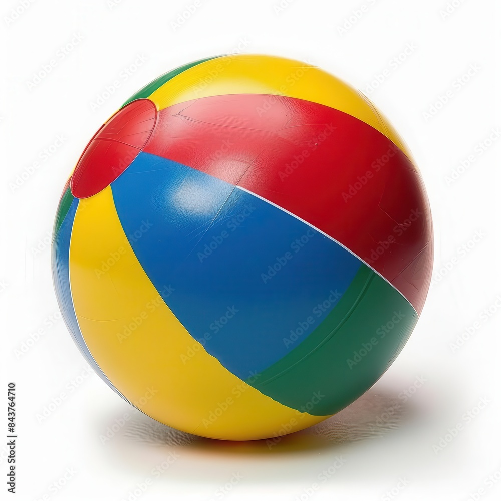 Closeup of a vibrant beach ball with stripes of red, blue, yellow, and green, isolated on a white background Closeup of a vibrant beach ball with stripes of red, blue, yellow, and green, isolated on a white background