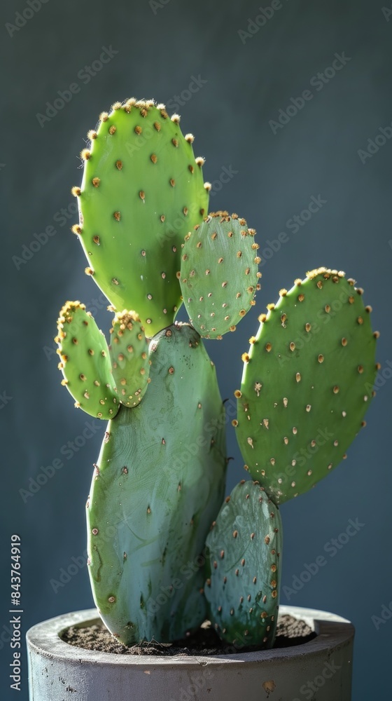 Cactus plant with green leaves in a pot on a table Cactus plant with green leaves in a pot on a table