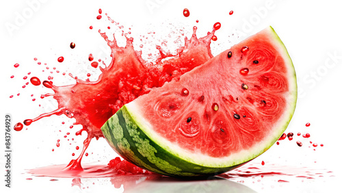 A vibrant watermelon slice explodes in a burst of red juice, creating a dynamic splash against a clean white backdrop