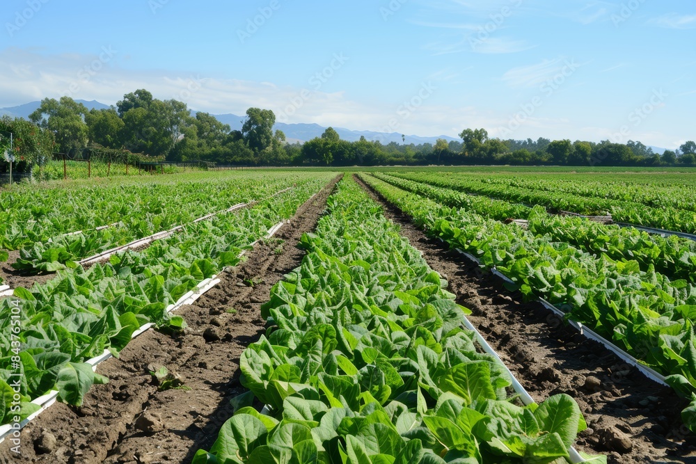 Genetically Modified Crops on a Large Farm with Healthy Plant Rows Stretching into the Distance Genetically Modified Crops on a Large Farm with Healthy Plant Rows Stretching into the Distance