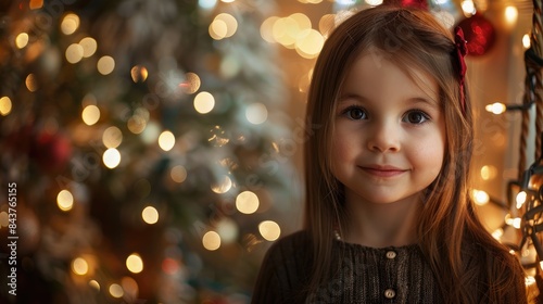 A young girl s holiday portrait featuring Christmas ornaments garland and twinkling lights to establish a whimsical ambiance