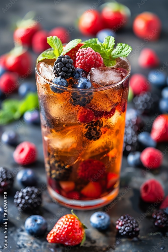 Iced herbal tea with fresh berries, colorful and refreshing summer drink Iced herbal tea with fresh berries, colorful and refreshing summer drink