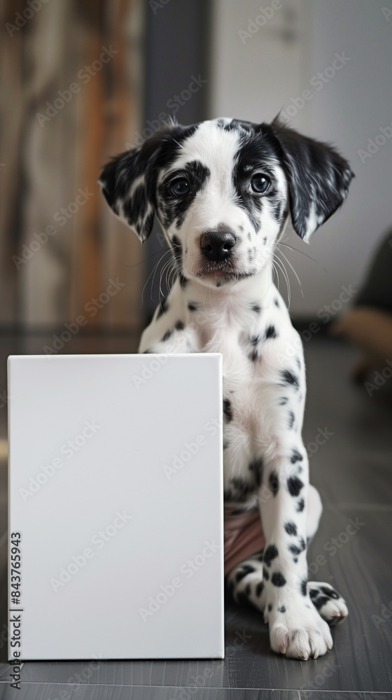 Cute puppy Dalmatian sitting next to a plain white canvas