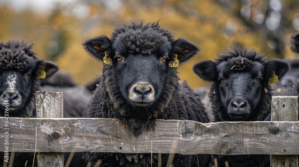 Fototapeta premium Sheep behind wooden fense in a farm