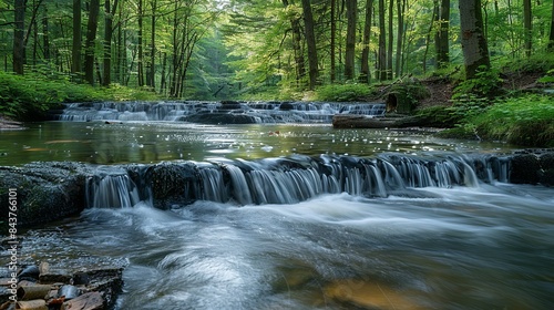 A tranquil river flowing through a forest, with industrial wastewater visibly contaminating the water, emphasizing the environmental impact of factory waste disposal. Dramatic Photo Style,