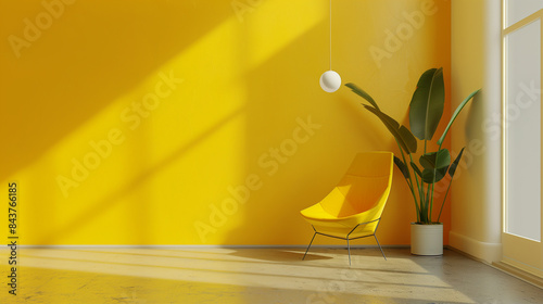 Yellow modern minimalistic interior background wall mockup 3d render