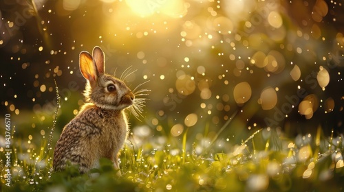 A bunny seated in the meadow during a shower © AkuAku