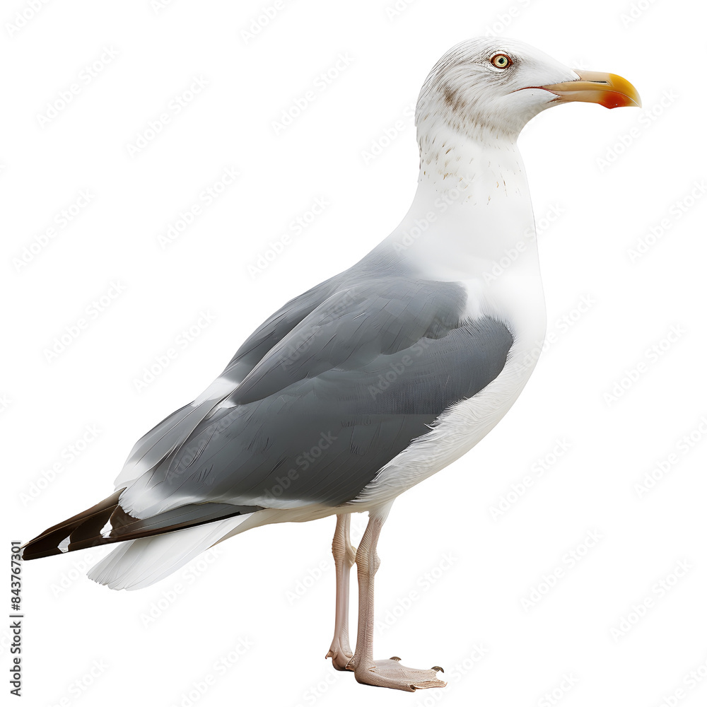 A detailed illustration of a seagull with grey and white feathers, standing in a side profile position, isolated on transparency PNG background. A detailed illustration of a seagull with grey and white feathers, standing in a side profile position, isolated on transparency PNG background.