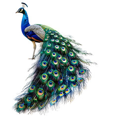 A vibrant peacock displays its colorful, isolated on transparency PNG background, eye-catching plumage, showcasing its feathers with brilliant hues and intricate details.