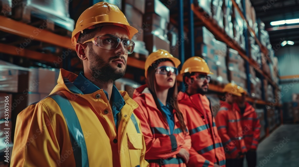 Create a realistic image of a group of warehouse workers engaged in safety training, wearing protective gear and practicing safe procedures. Highlight the importance of safety in the workplace, camera Create a realistic image of a group of warehouse workers engaged in safety training, wearing protective gear and practicing safe procedures. Highlight the importance of safety in the workplace, camera