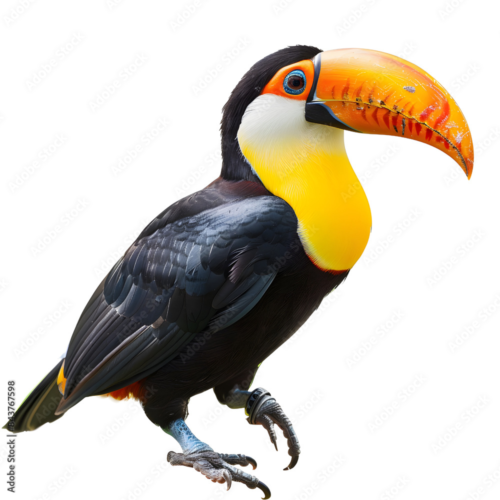 Obraz premium Colorful toucan with a vibrant orange beak and striking feathers standing on one leg, isolated on transparency PNG background.