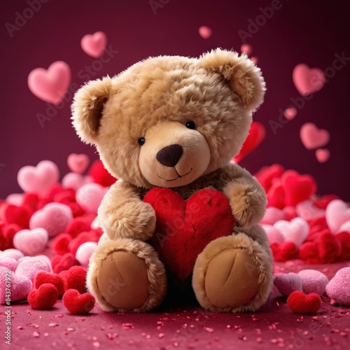 A soft brown teddy bear holds a red heart against a background of scattered pink hearts on a red surface