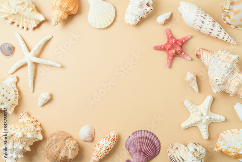 Summer vacation background with with seashell and starfish. Top view, flat lay