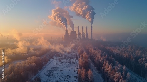A clear blue sky over a national park, gradually turning gray from the smoke of distant industrial plants, depicting the widespread reach of air pollution. Dramatic Photo Style,