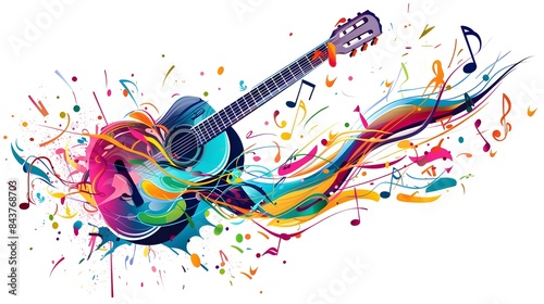 Vibrant of Guitar with Swirling Music Notes for Festivals and Educational Content