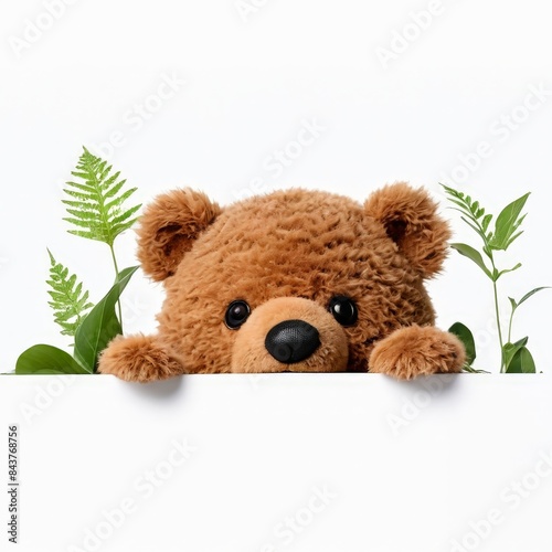 Teddy bear peeking over white wall with green leaves behind it