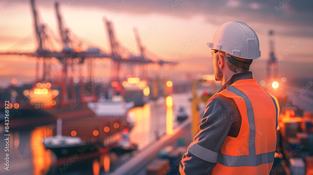 pensive dock worker in safety gear overlooking busy shipping port at twilight pensive dock worker in safety gear overlooking busy shipping port at twilight