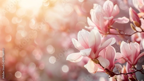 Beautiful close-up of pink magnolia flowers in full bloom with soft sunlight and bokeh background. 