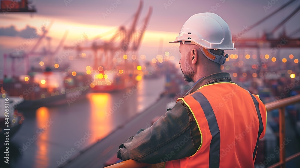 Obraz premium pensive dock worker in safety gear overlooking busy shipping port at twilight