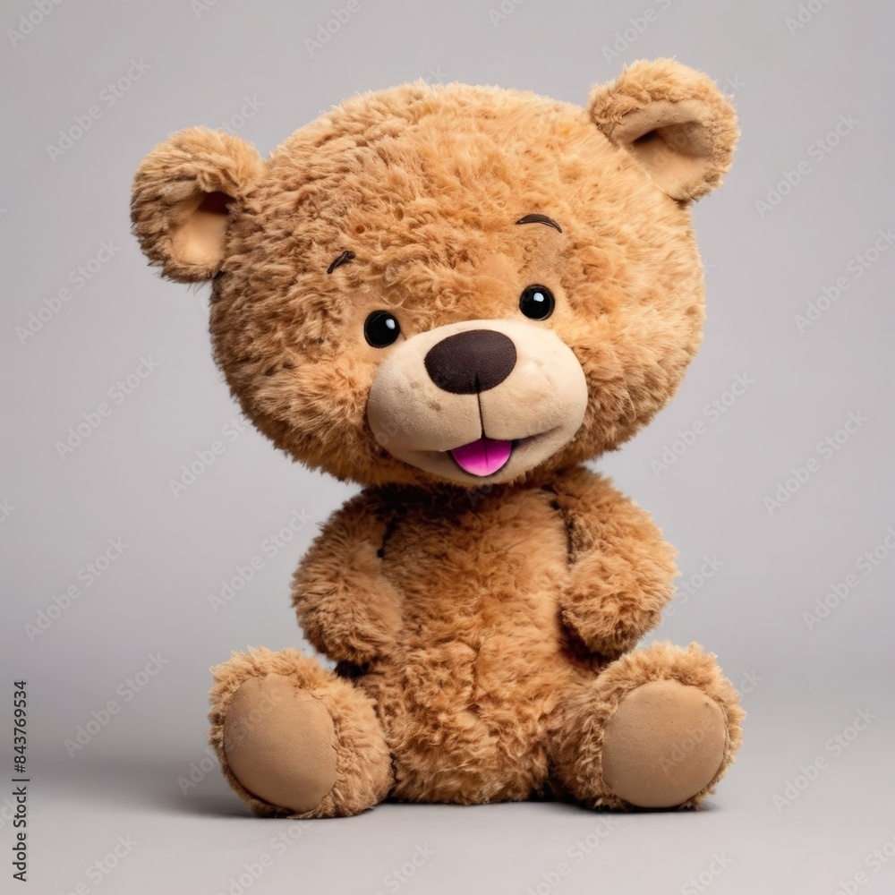 Obraz premium A light brown plush teddy bear smiling with his tongue out sitting on a plain surface against a simple background