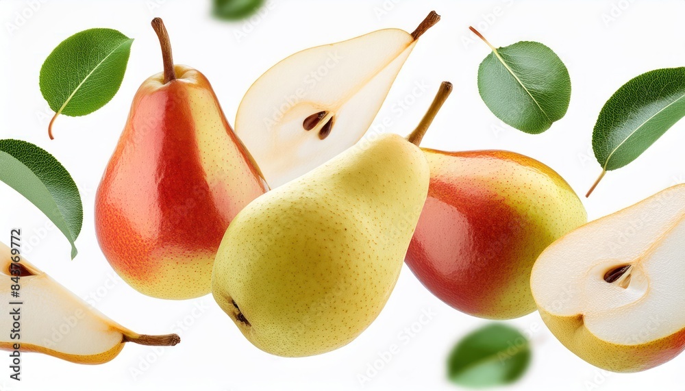 Obraz premium Fresh ripe Pear falling in the air, isolated on white background. Food levitation or zero gravity concept. High resolution image