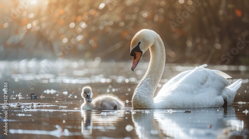 Fototapeta Naklejka Na Ścianę i Meble -  Mother swan and her offspring