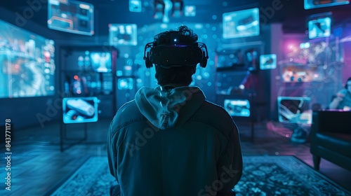 Gamer Fully Immersed in Futuristic Virtual Reality Gaming Environment