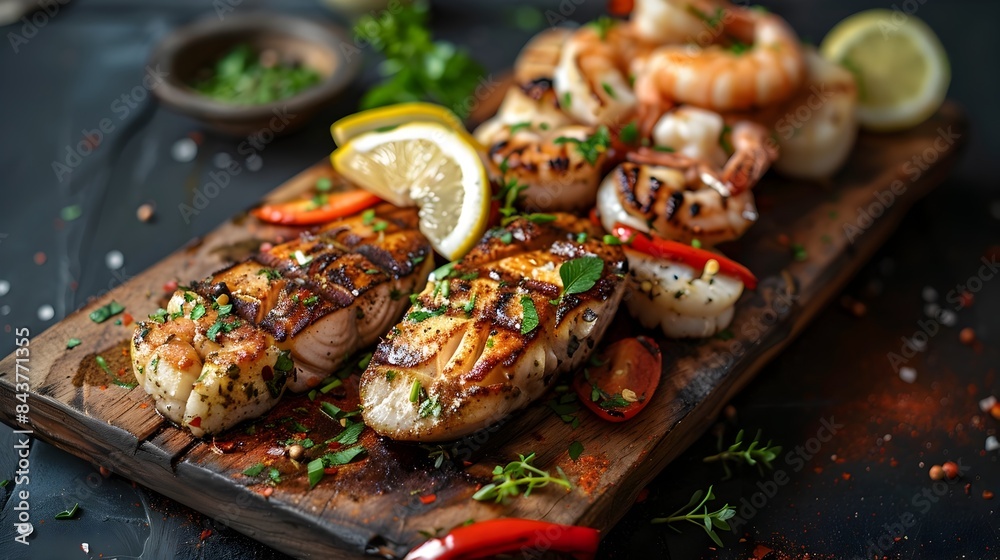 Close-Up of Sumptuous Grilled Seafood Platter with Lemon and Herbs on Wooden Board Close-Up of Sumptuous Grilled Seafood Platter with Lemon and Herbs on Wooden Board