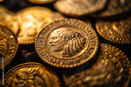 Close-up of antique gold coins with intricate designs and patina, placed on a dark velvet surface.. AI generated. photo