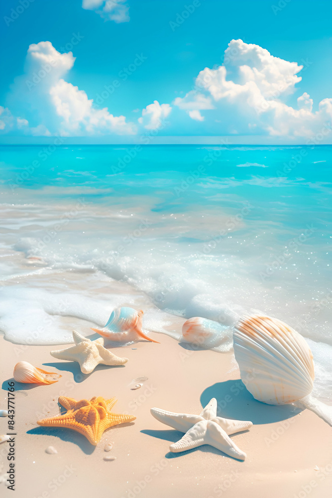 Seashells and starfish on a sandy beach near the ocean shore Seashells and starfish on a sandy beach near the ocean shore