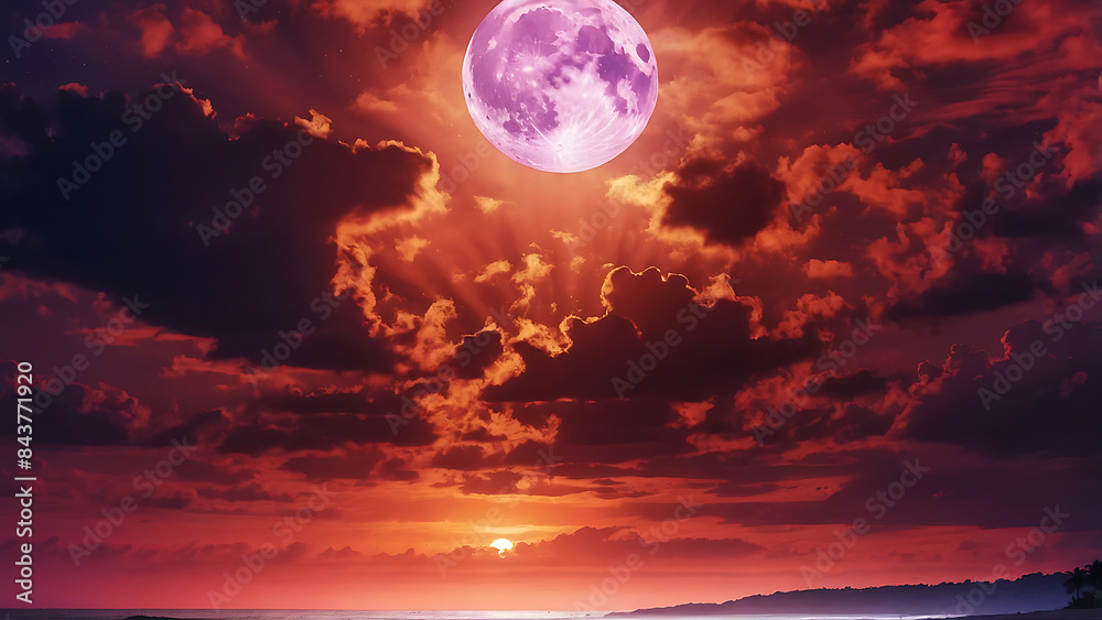 Majestic Full Moon over Fiery Sunset Beach Majestic Full Moon over Fiery Sunset Beach