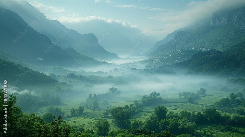 Obraz premium A scenic valley covered in smog from nearby factories, emphasizing the pervasive nature of air pollution in even the most remote natural landscapes, and the far-reaching consequences of industrial