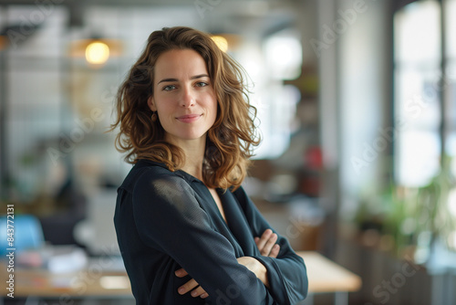 businesswoman in modern office, natural lighting, professional attire, confident look